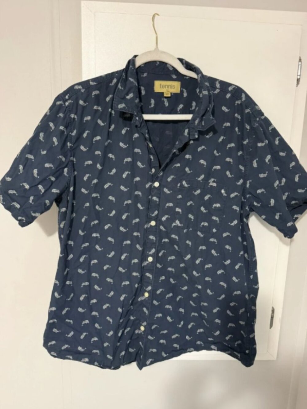 Navy Short-Sleeve Printed Button-Down Shirt